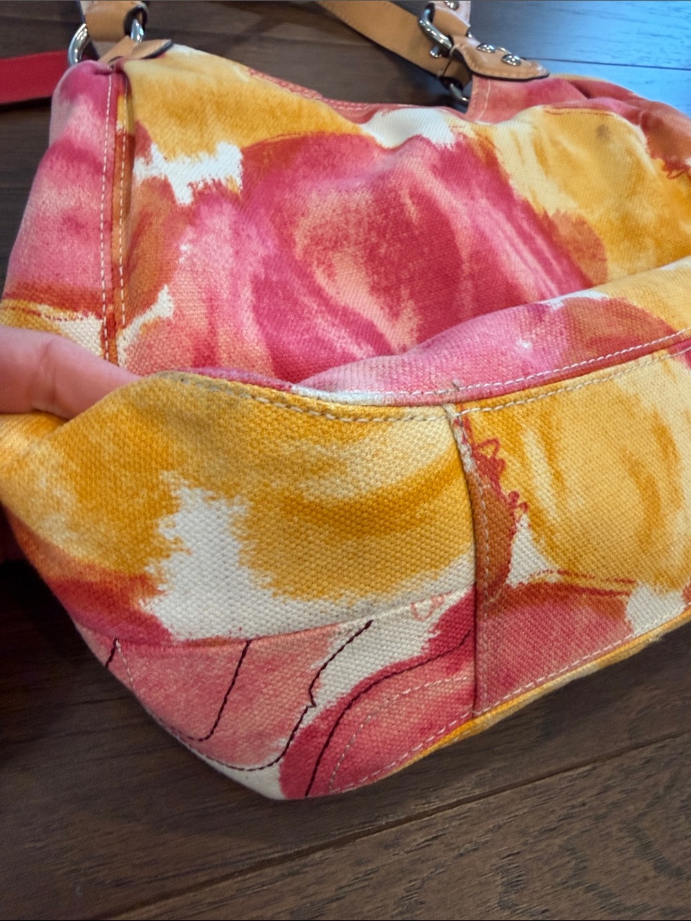Vintage Coach 2002 Floral Fabric Maggie Shoulder Bag in Yellow & Pink - C15-049 - Picture 4 of 13